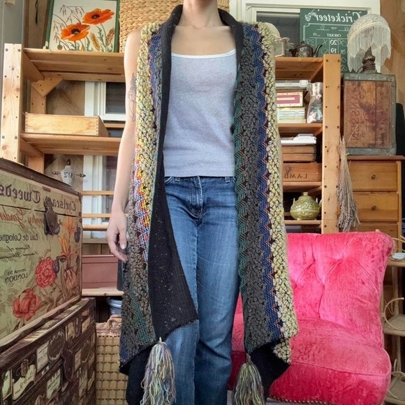Boho Chunky Knit Longline Vest Multi Color Chevron Popcorn Stitch Tassel Hem - Picture 5 of 8